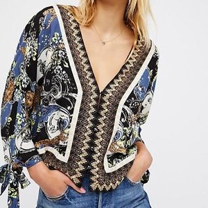 Free‎ People Leopard Baroque Top XS Womens Blouse Tie Sleeve Boho Festival Artsy